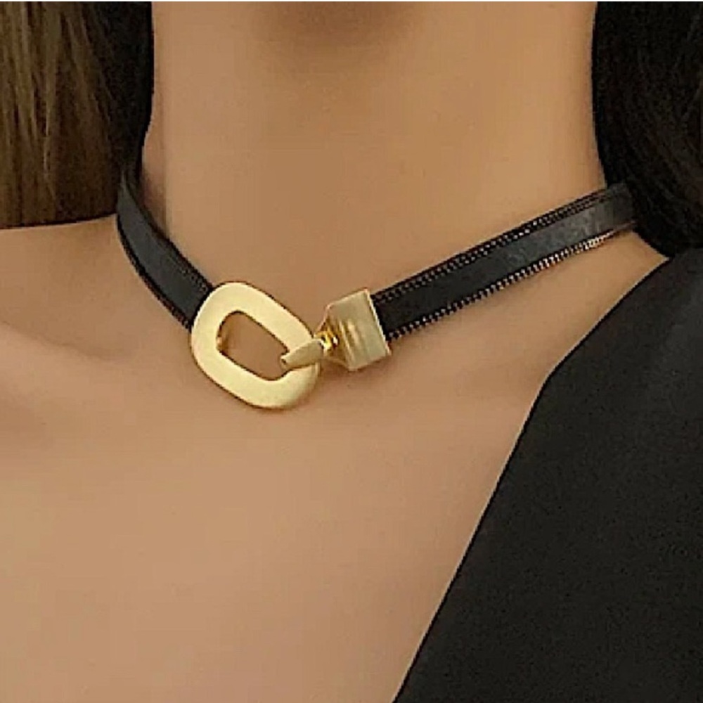 Gold Leather Punk Toggle Choker